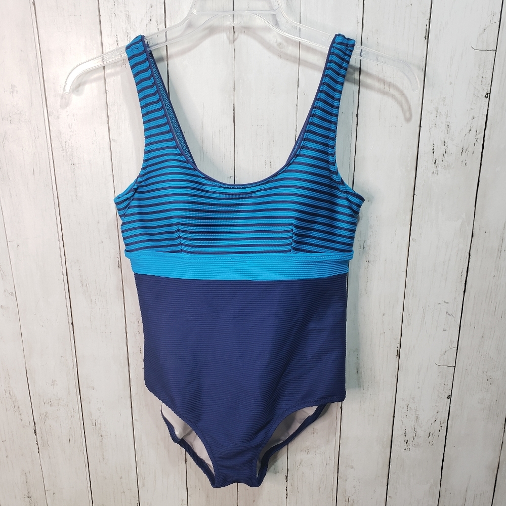 Lands End Women's Blue Two Tone Striped Swimsuit - Picture 2 of 8